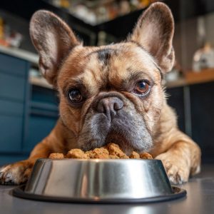 C'est un bouledogue qui mange des croquettes. L'image rillustre un article sur le système digestif des chiens